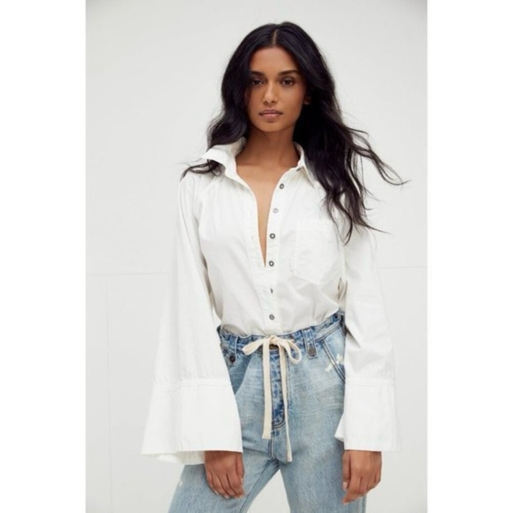 NWT Free People Milano Button-Down Long-Sleeve Blouse XS Optic White